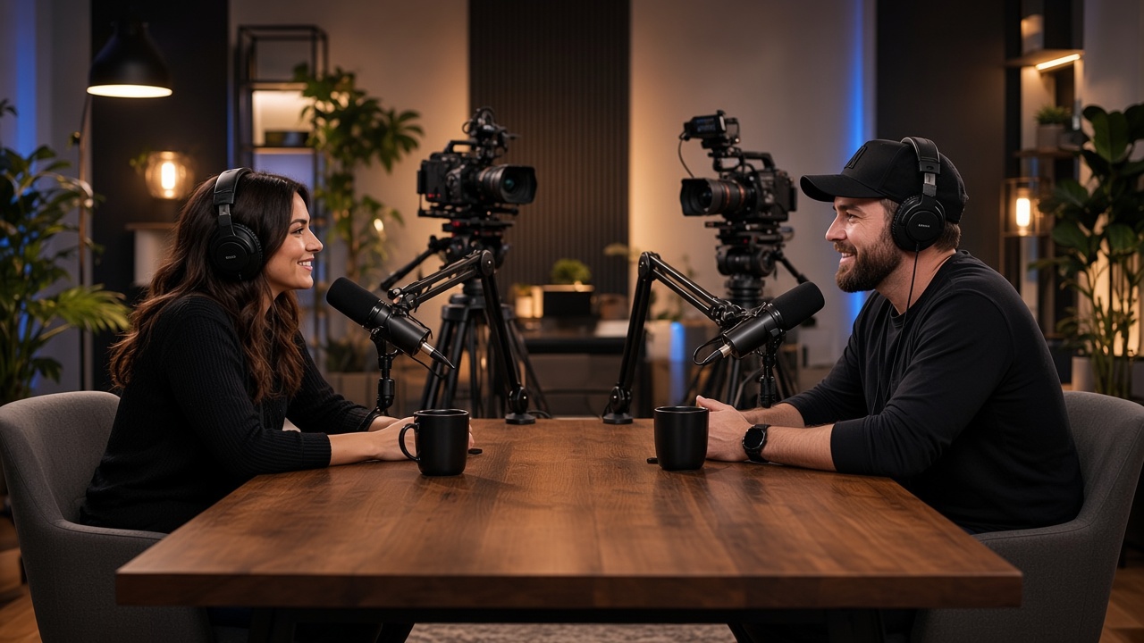 Two guests recording a video podcast in a professional studio