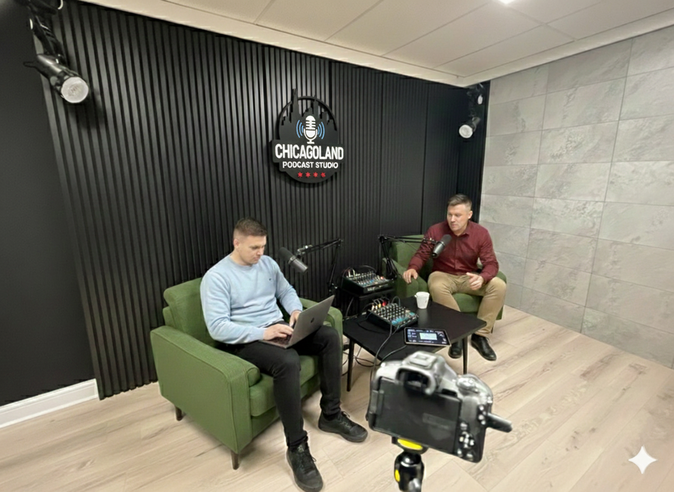 Bright lounge setup with cameras and seating
